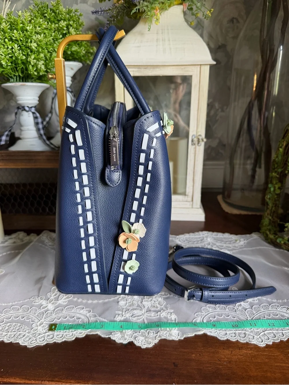 kate spade Thompson Navy Floral Appliqué Leather Satchel with Pastel Flowers
